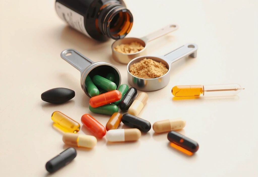 Naturalne preparaty i suplementy dla mężczyzn ułożone na drewnianym stole w świetle porannym